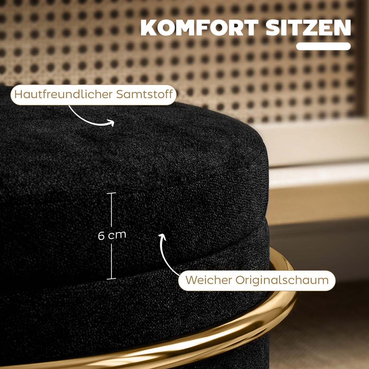 SITZHOCKER mit Stahrahmen 42 x 42 x 39 cm, Schwarz - Schwarz, Kunststoff (42/39/42cm) - HOMCOM