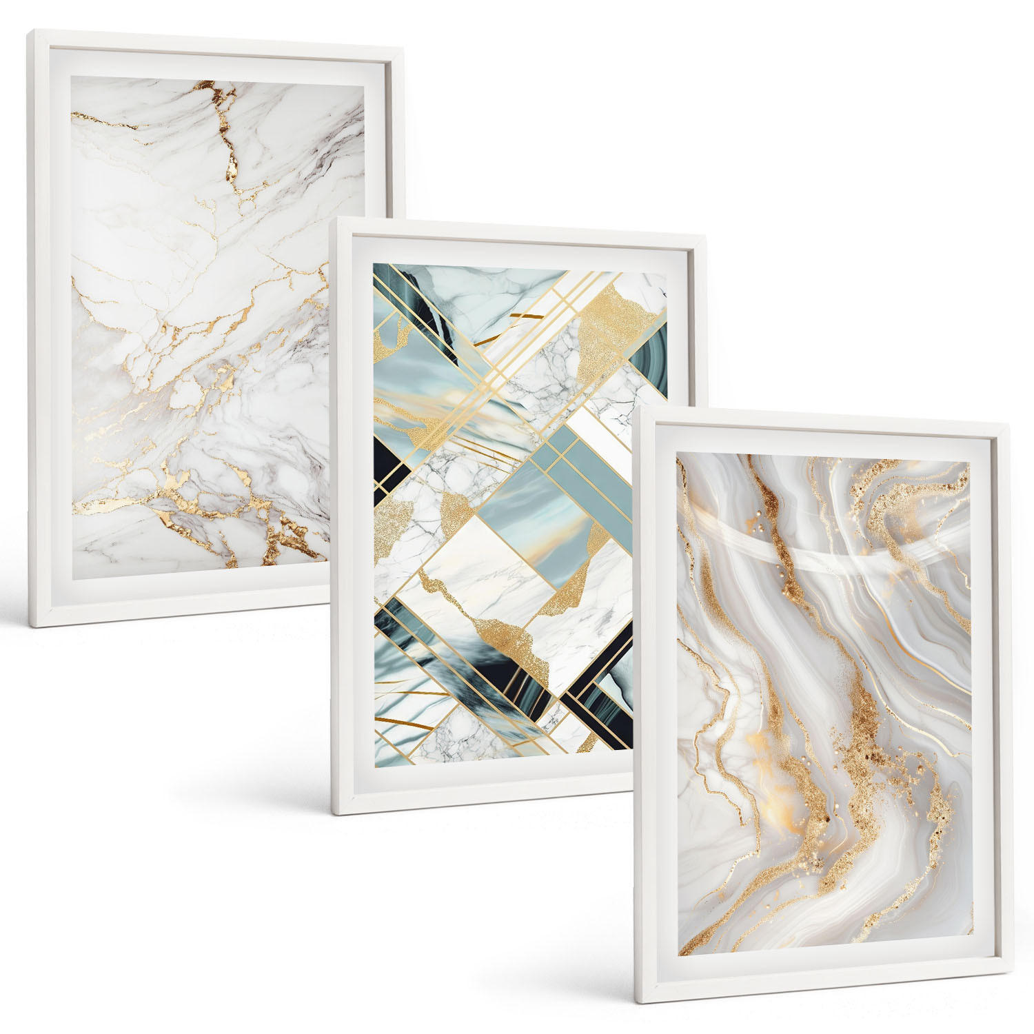 BILDER SET 3er Set - 40x60 cm Weißer Rahmen - Elegante Marmormuster - Weiß, Kunststoff (40/60cm) - TULUP