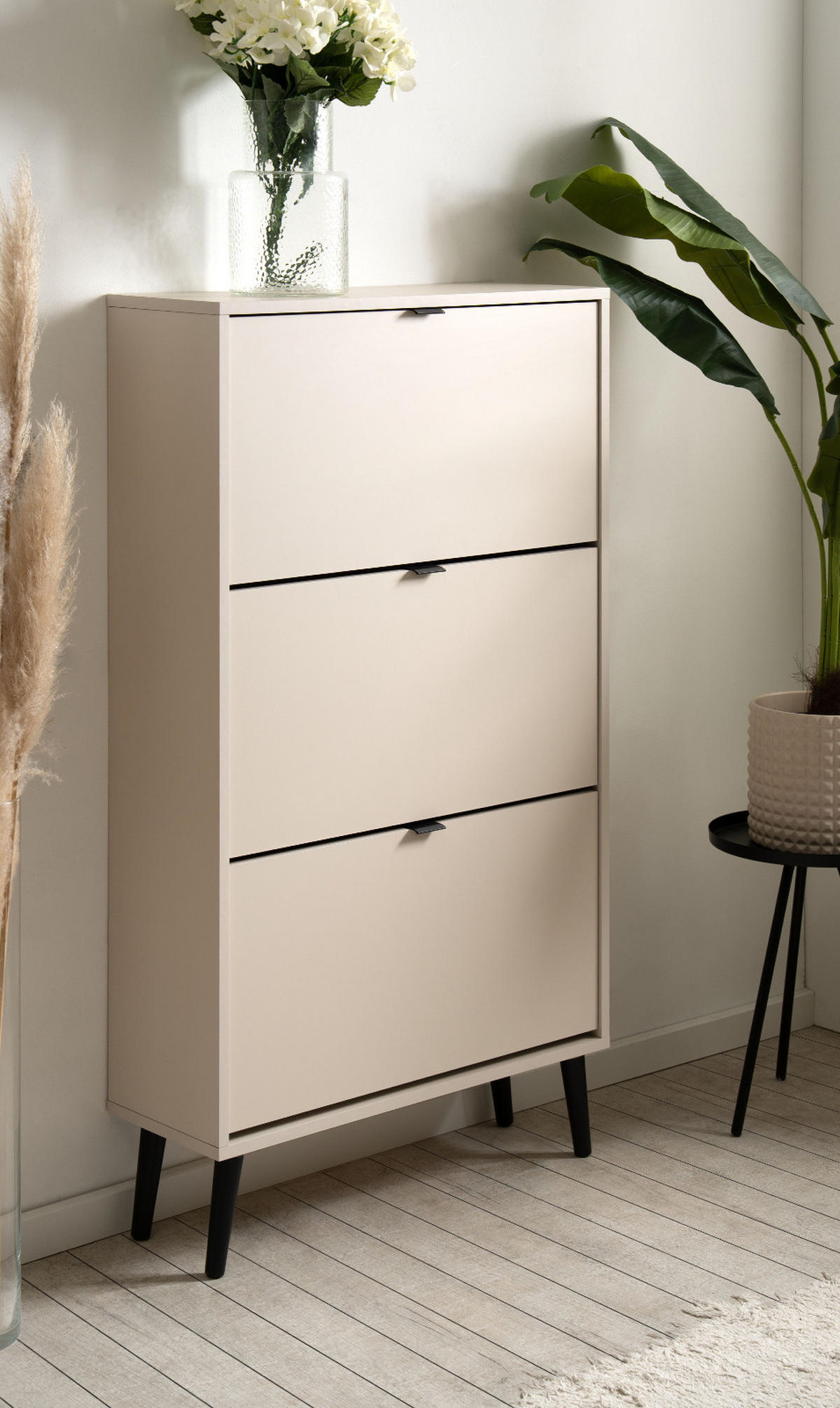 SCHUHSCHRANK samt 70 x 125 cm, Schuhkipper mit großen 3 Klappen - Beige/Schwarz, Holz/Holzwerkstoff (70/125/24cm) - Furn.Design