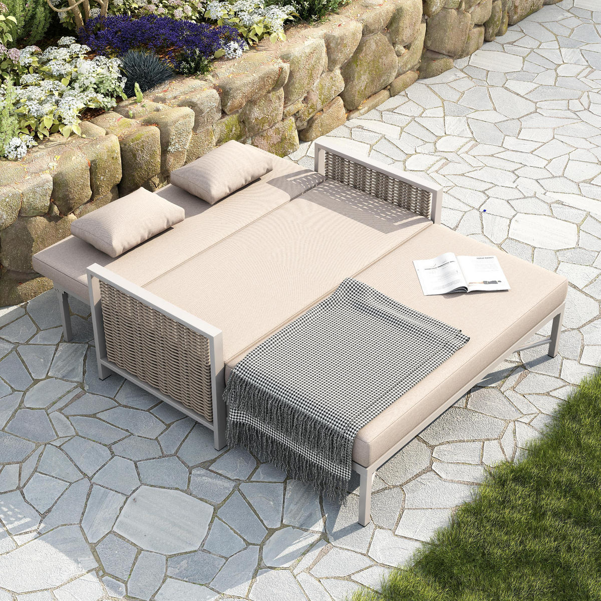 GARTENSOFA Verstellbare Rückenlehne (5-stufig, 0-65°), Khaki + Beige - Beige, Metall (131.5/91/151.3cm) - KOMHTOM