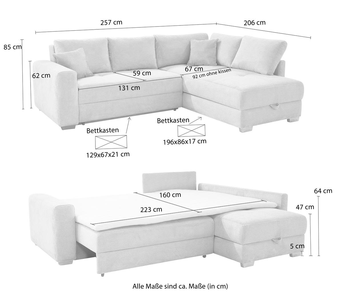 ECKSOFA-DAUERSCHLÄFER Boxspring Federkern Topper Bettkasten, seitenverkehrt montierbar B257/T206/H85 cm, Cord Grau Anthrazit / 15211 - Schieferfarben/Eichefarben, Holz/Textil (257/206cm) - luma-home