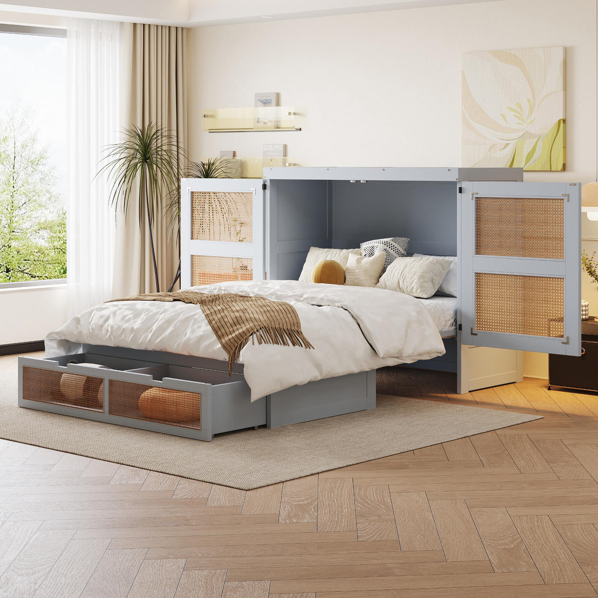 SCHRANKBETT 140/200 cm mit Lattenrost, Stauraumschubladen und Rattan-Design, Grau - Grau, Holzwerkstoff (140/200cm) - Redom