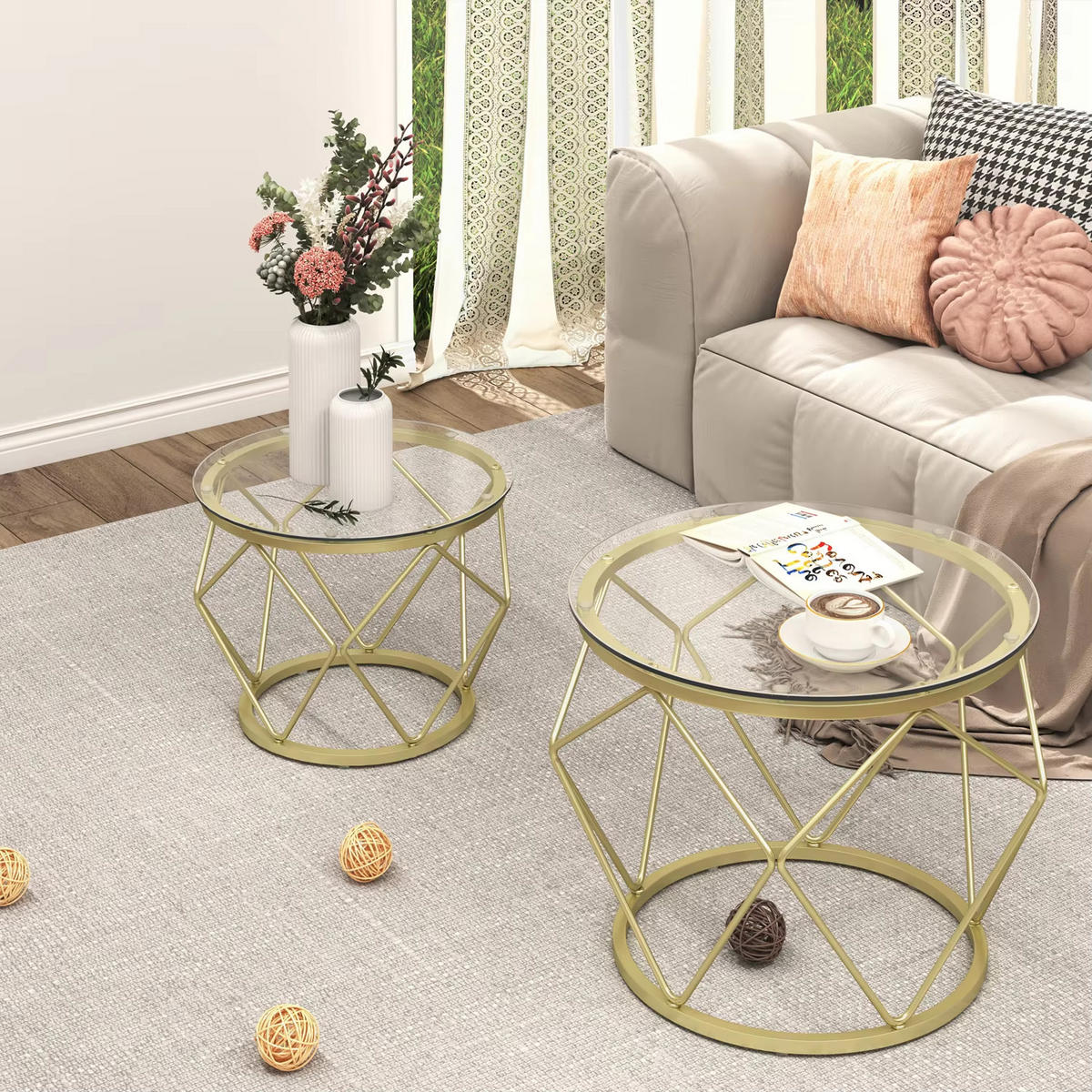 COUCHTISCH 2er Set rund Metallrahmen Beistelltisch - Goldfarben, Glas (50/50/40cm) - Kaket