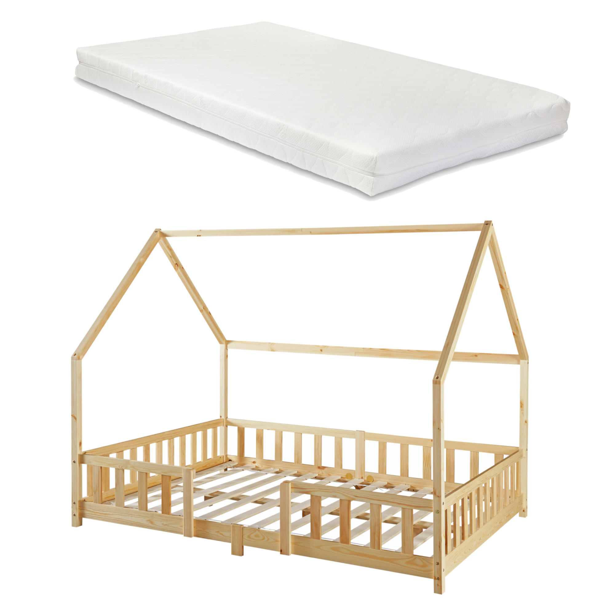 HAUSBETT Sisimiut mit Matratze - Naturfarben, Holz/Textil (140/200cm) - [en.casa]
