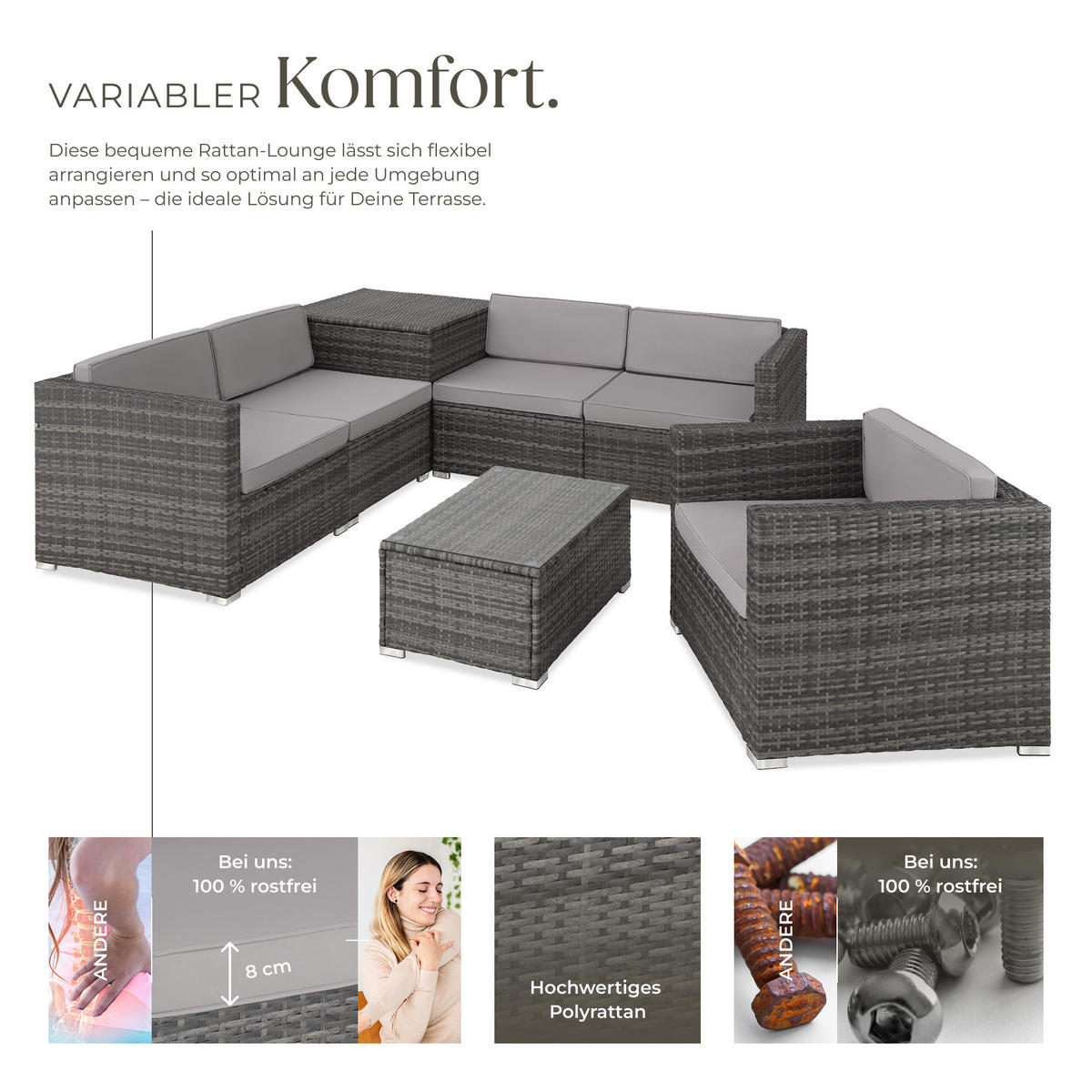 RATTANLOUNGE Pisa,inklusive großer Aufbewahrungsbox,grau - Grau, Kunststoff - tectake