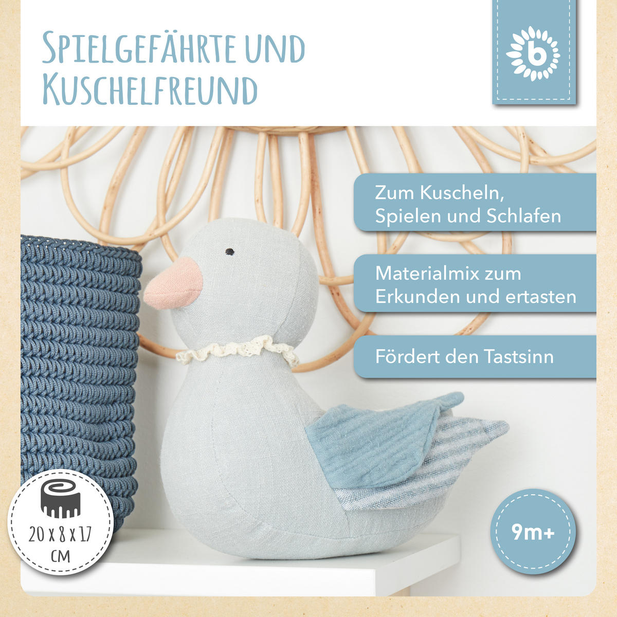 KUSCHELTIER Leinen und Musselin Ente - Blau, Textil (8/20cm) - Bieco Spielwaren
