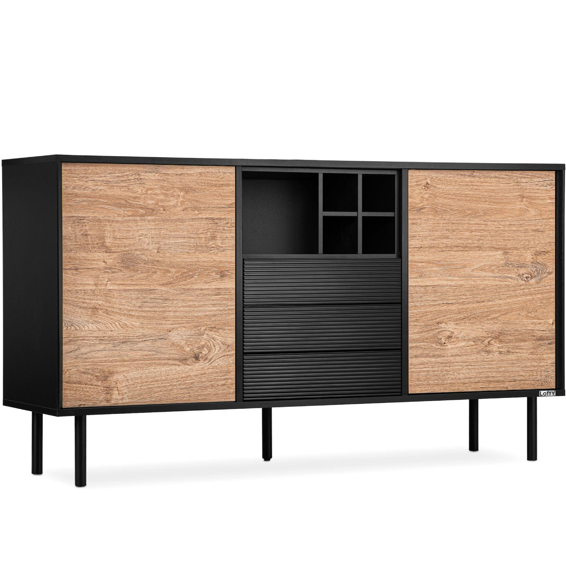 KOMMODE LOFTY Weineinlage, schwarz / Eiche natur - Eichefarben/Schwarz, Holzwerkstoff (151/84/41cm) - KONSIMO®