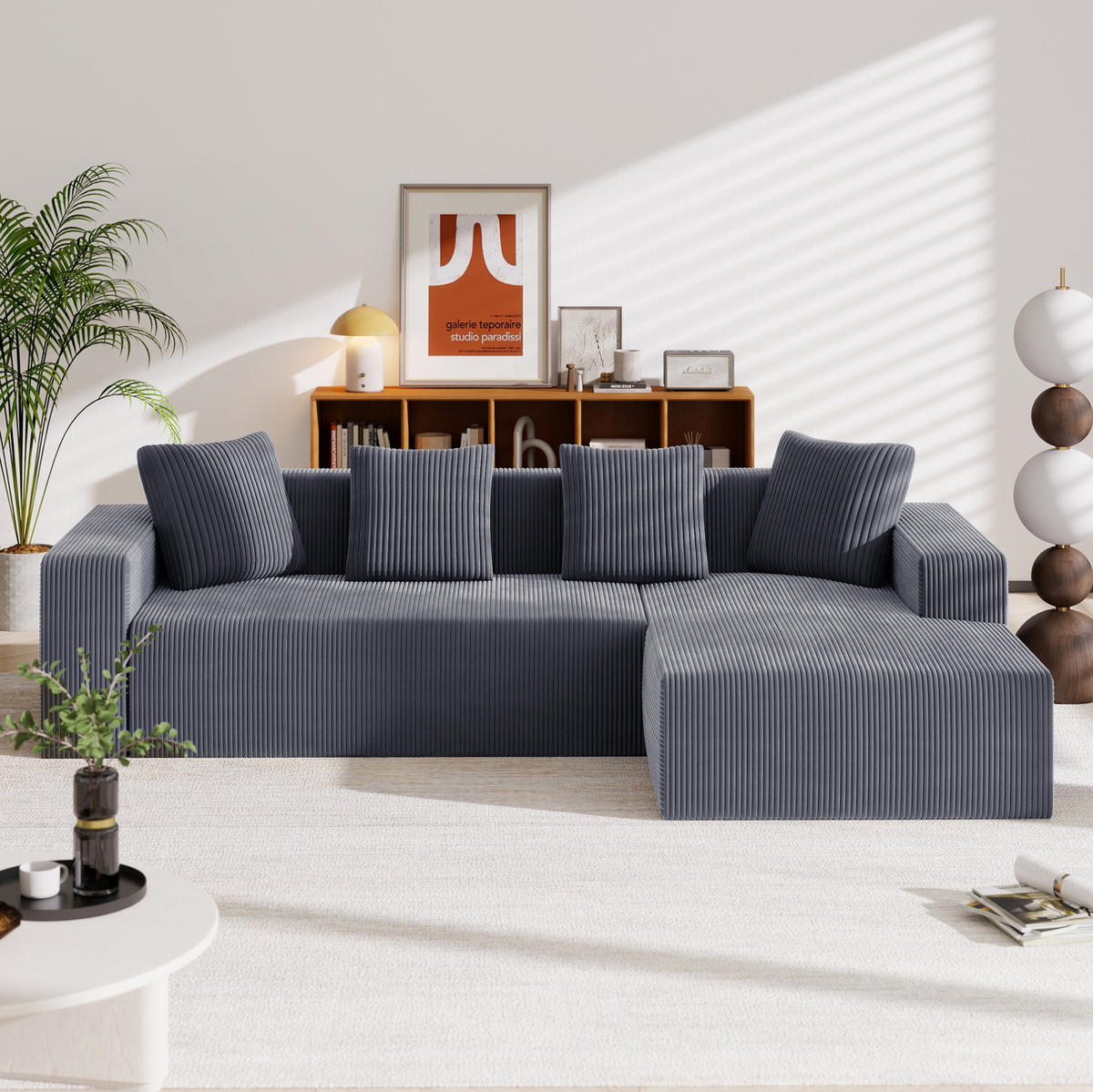 ECKSOFA Cord mit tiefer Sitzfläche, modularer Liege 261/146/65 cm Grau - Grau, Textil (146/261cm) - Redom