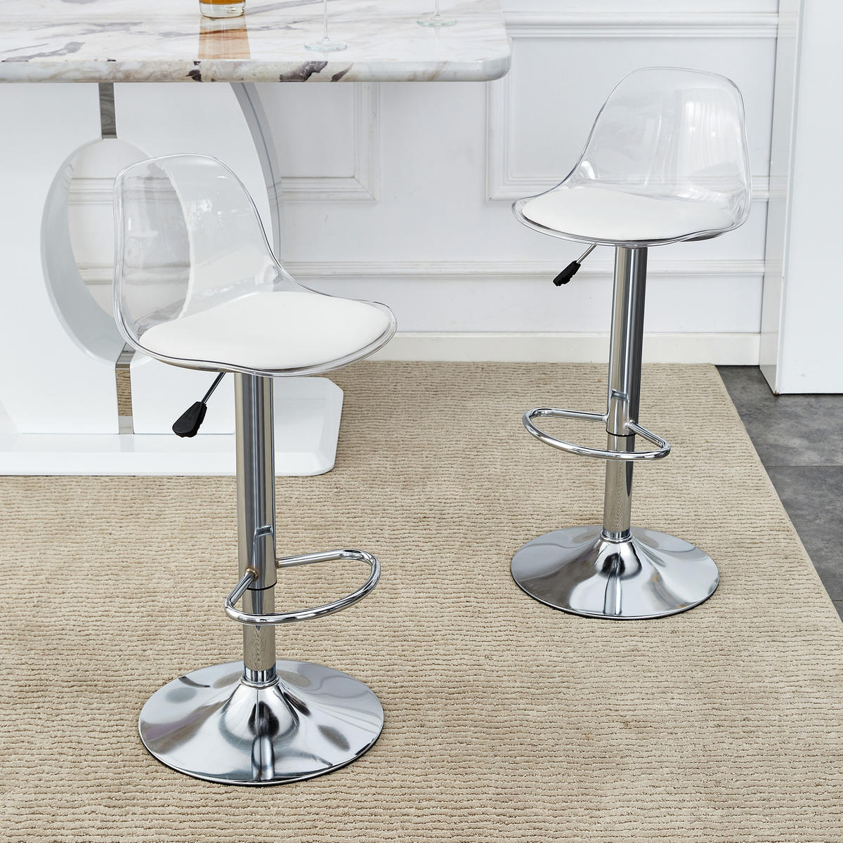 BARHOCKER 2er-Set Weiß und Silber mit Rückenlehne, höhenverstellbar und drehbar - Weiß, Metall (33/82/40.5cm) - PANGIVO