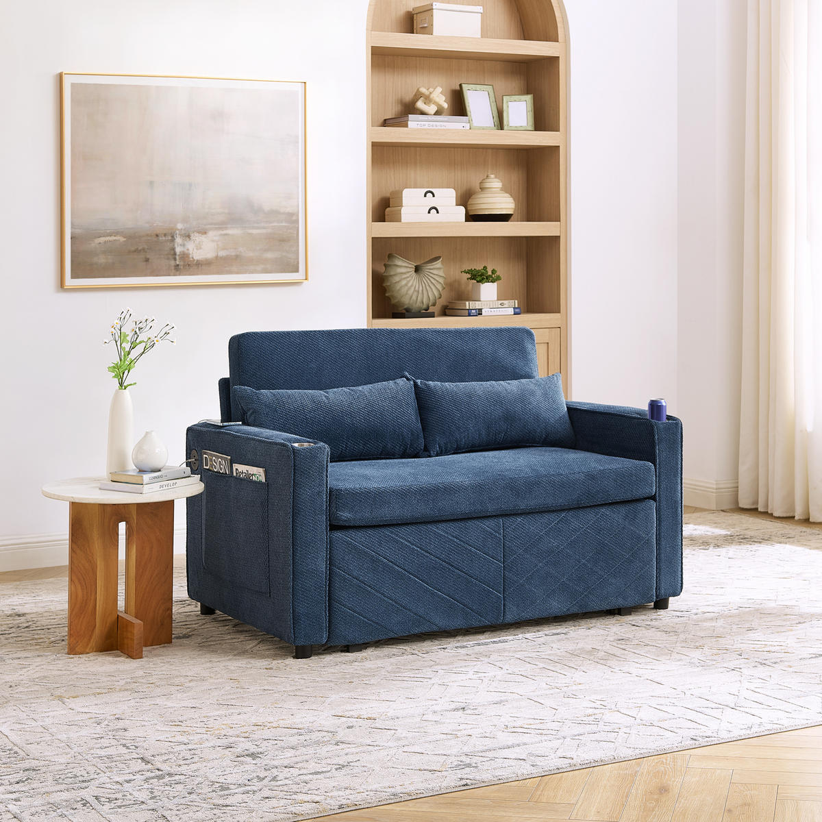 SCHLAFSOFA 134/82/73 cm Marineblau mit USB Charging und Aufbewahrungstasche - Blau, Textil (134/73/195cm) - Oxeza