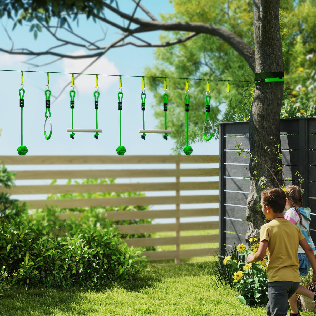 10 M Zipline Kit Kinder Slackline-Set mit 2 Turnringe, 2 Kletterstangen für 3-6 - Grün, Kunststoff (5/1000cm) - AIYAPLAY