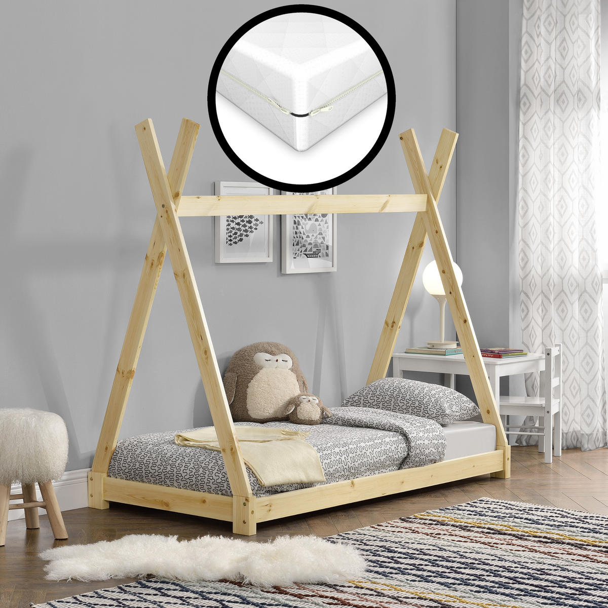 KINDERBETT Onejda mit Matratze - Naturfarben, Holz/Textil (80/160cm) - [en.casa]