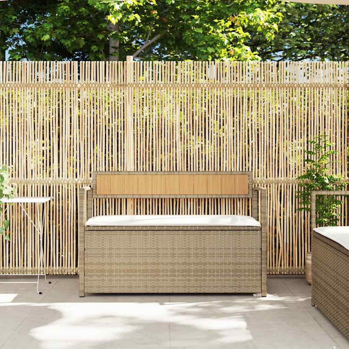 GARTENBANK Mit Stauraum Und Kissen Beige Poly Rattan - Beige, Kunststoff (54/74/111.5cm) - vidaXL