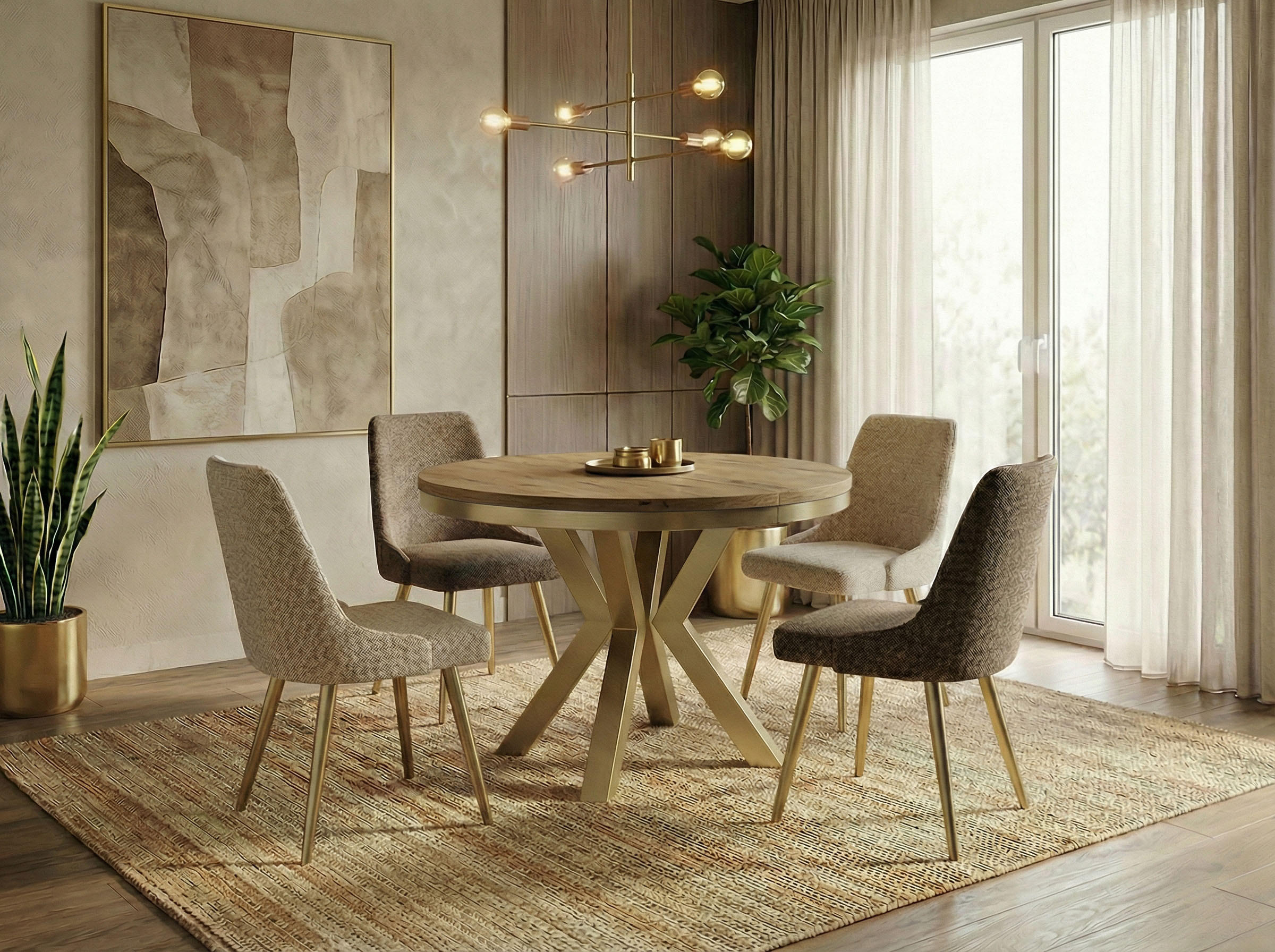 ESSTISCH Clara Gold runder ausziehbarer, Lancelot Eiche 120-200/120/76 cm - Eichefarben/Goldfarben, Holzwerkstoff/Metall (120/120/76cm) - WFL GROUP