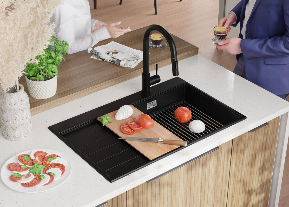 GRANITSPÜLE Sydney, 2-er set Schwarz 78/50 cm 1 Becken + Küchenarmatur 32/20 cm + Ablauf-Set + Küchenzubehörset ab 50er Unterschrank - Chromfarben/Beige, Kunststoff (78/20/50cm) - Primagran