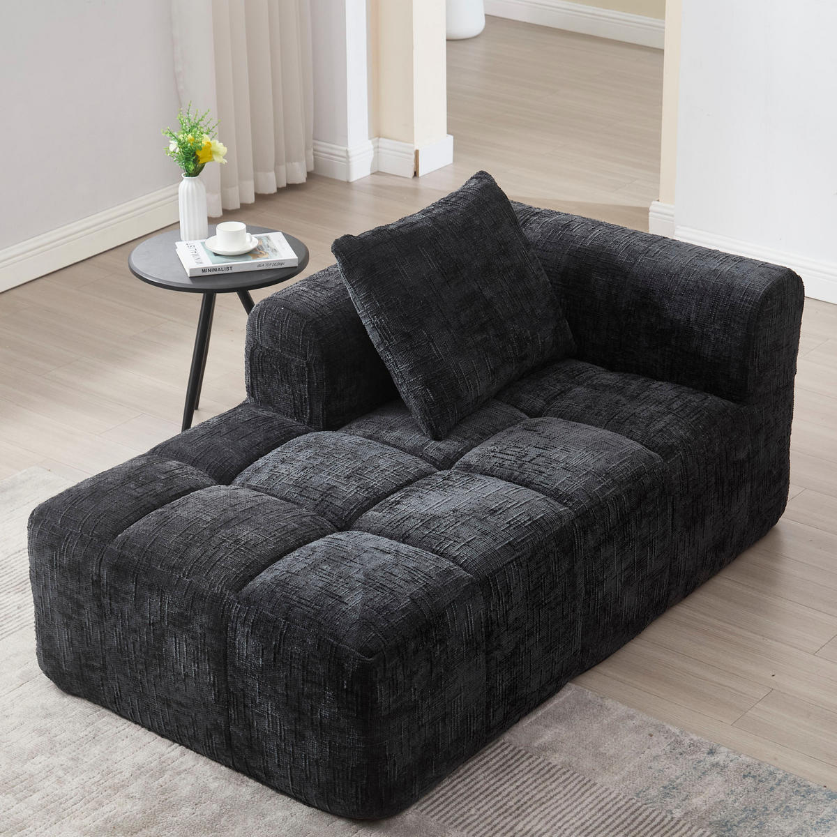 SOFA od ženilije, 158/90/60 cm crna, s ležaljkom i bočnim džepovima - crna, tekstil (60/158/90cm) - BEAOK