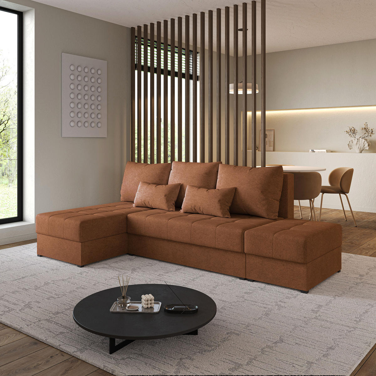 ECKSOFA NORVIupferfarben Geflochtener Stoff mit Schlaffunktion - Kupferfarben, Holz (251/143cm) - MASSENO