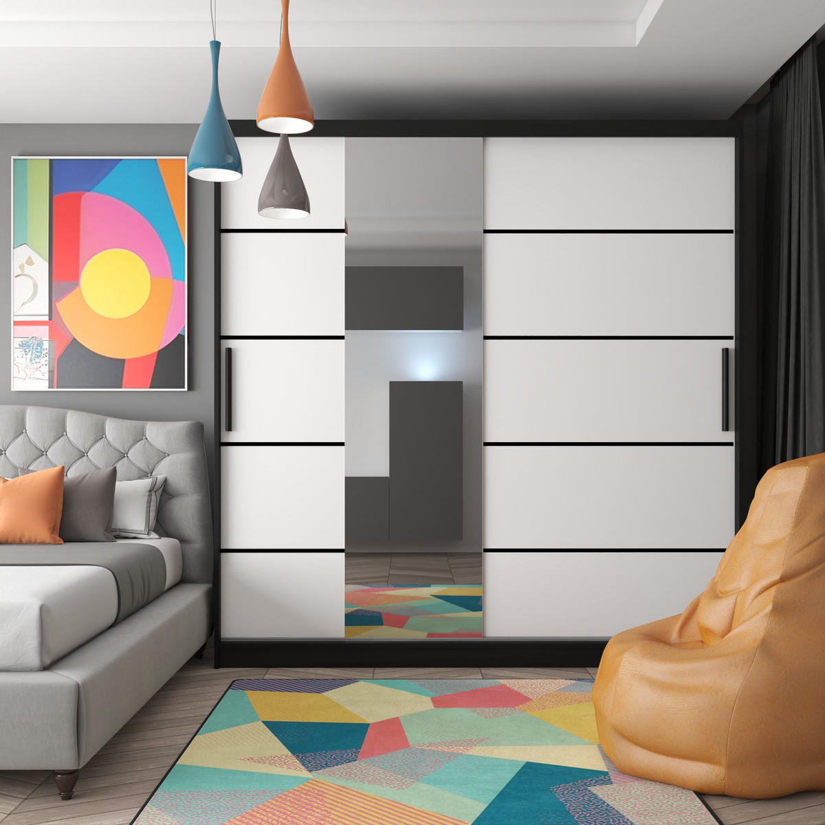 SCHWEBETÜRENSCHRANK Verona MBP, Schwarz/Weiß Matt, 200 cm, mit Spiegel - Weiß, Holz (200/216/60cm) - B BELINI GROUP