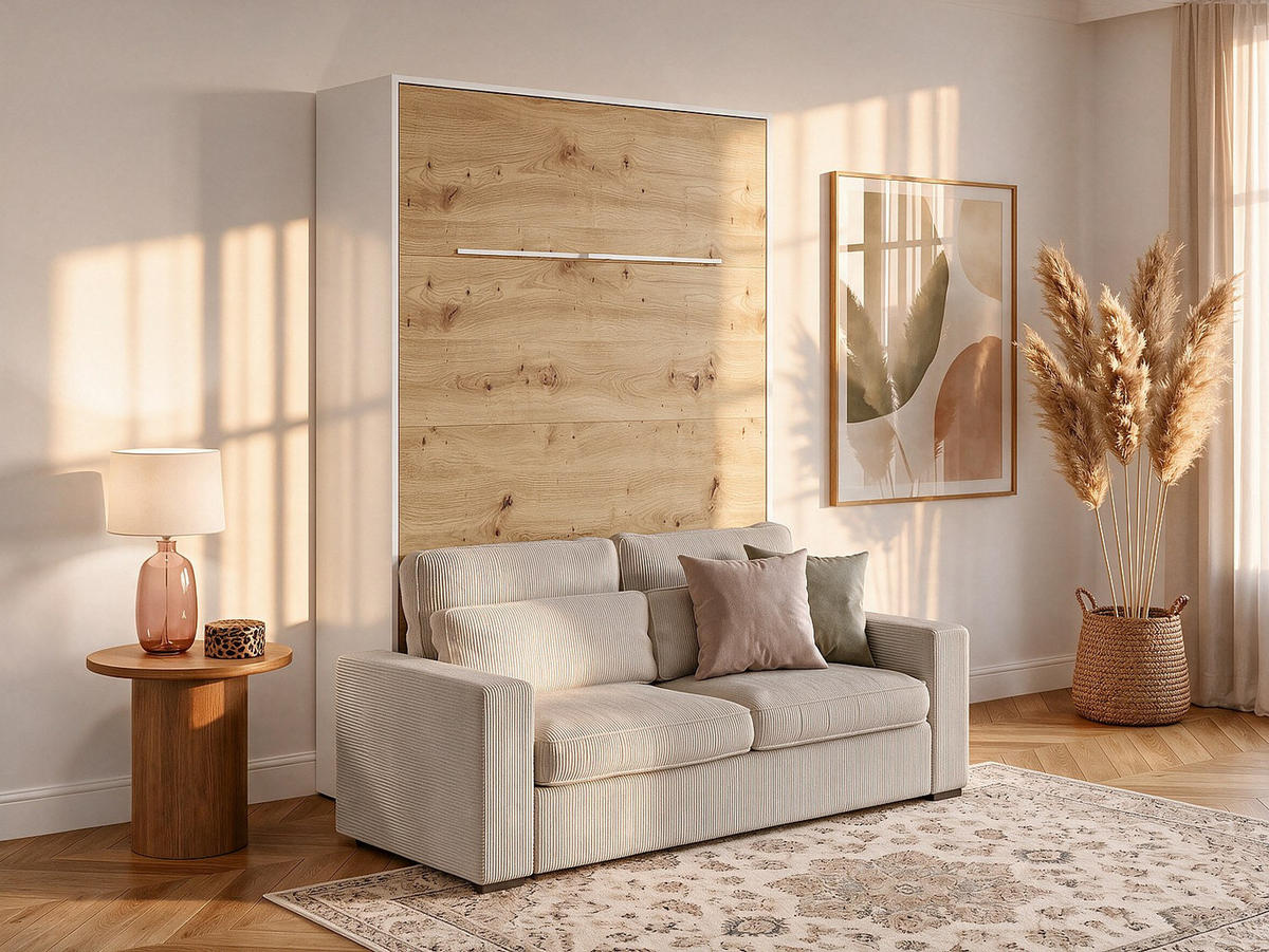 SCHRANKBETT - 2 Personen - holz - naturfarben hell, weiß Rapili - Weiß, Holz/Metall (140/200cm) - Vente-Unique