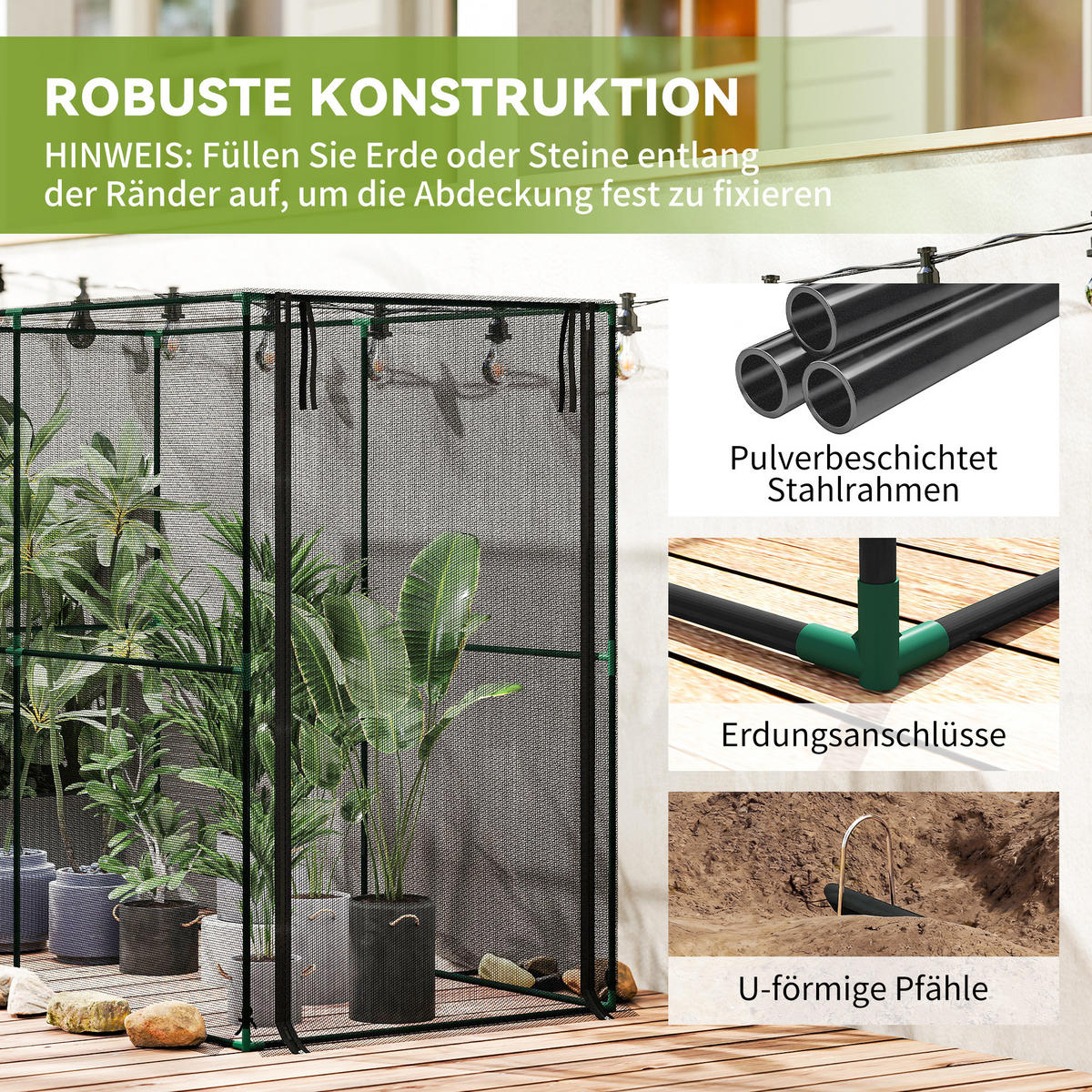 INSEKTENSCHUTZNETZ Feinmaschig Pflanzenschutznetz mit Reißverschlusstür - Schwarz, Metall (100/160/200cm) - Outsunny