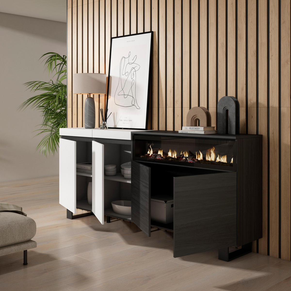 SIDEBOARD Elektrokamin, weiß und schwarz, 200/35/87cm - Multicolor/Schwarz, Holzwerkstoff (200/87/35cm) - Skraut Home