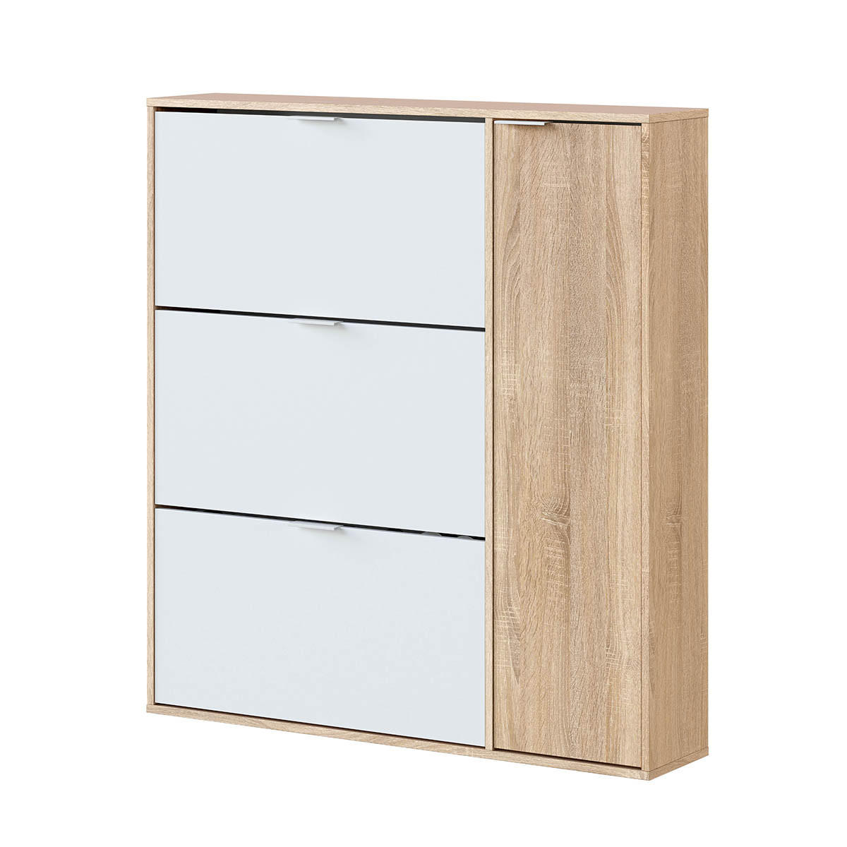 SCHUHMÖBEL 3 Klappen und 1 Tür 30 Paar Schuhe - L106 cm - Weiß, Holzwerkstoff (22/115/106cm) - Calicosy