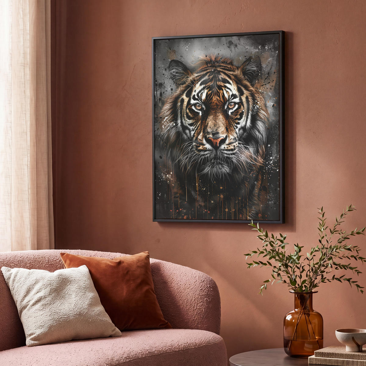 LEINWAND Bilder mit Rahmen - Tiger - Tiere - Porträt - Luxus - Schwarz - 70x100 - Braun, Textil (70/100cm) - MuchoWow