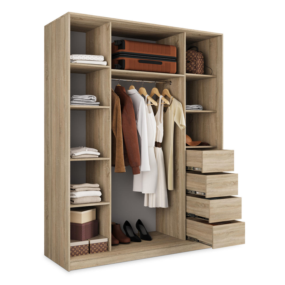 SCHWEBETÜRENSCHRANK TARI 150/205/58 cm 3-türig mit Spiegel und Schubladen Sonoma Eiche - Silberfarben/Sonoma Eiche, Holzwerkstoff (150/205/58cm) - MASSENO