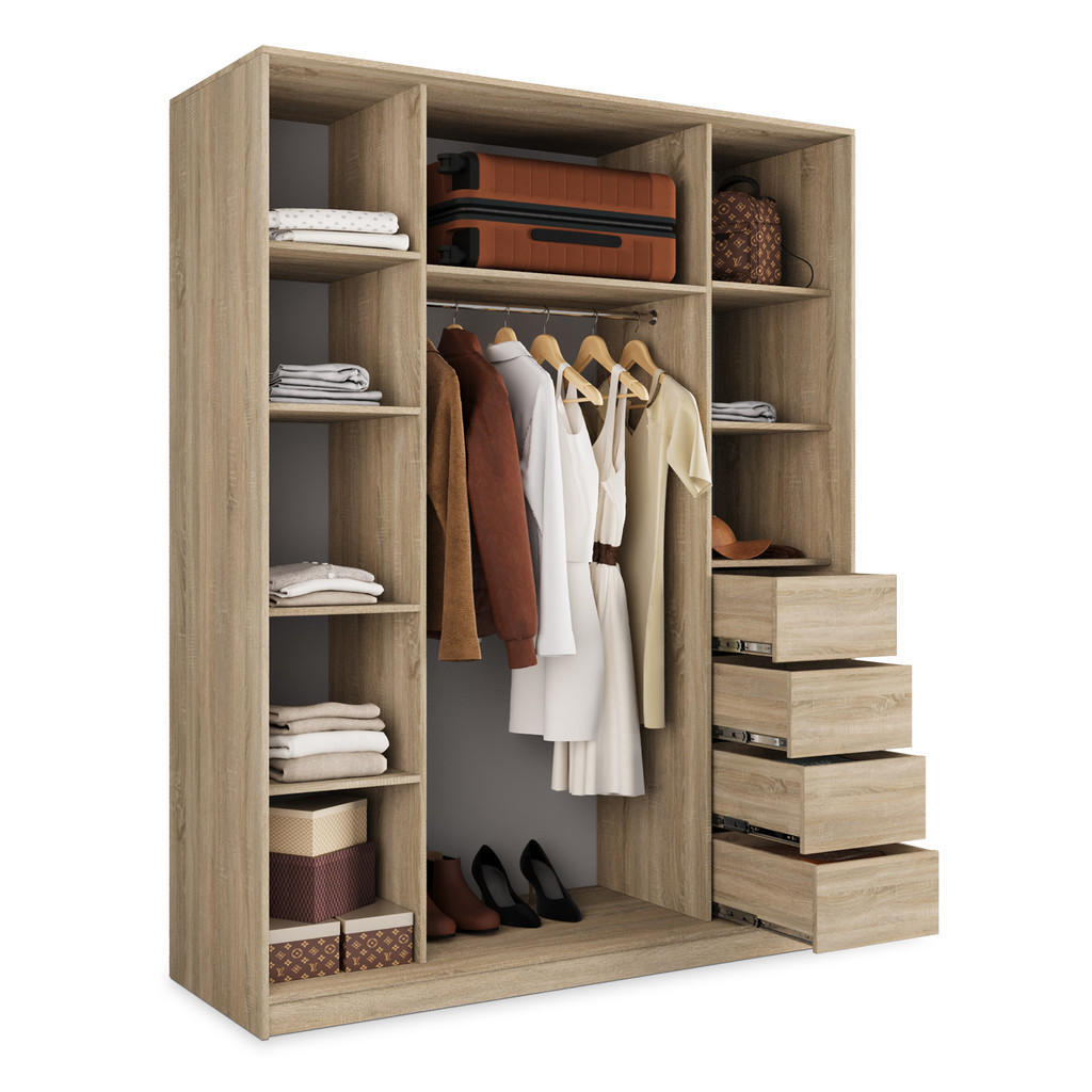 Thumbnail - Masseno Schwebetürenschrank, Sonoma Eiche, Silber, Holzwerkstoff, 9 Fächer, 4 Schubladen, Rechteckig, 150x205x58 cm, Sch...