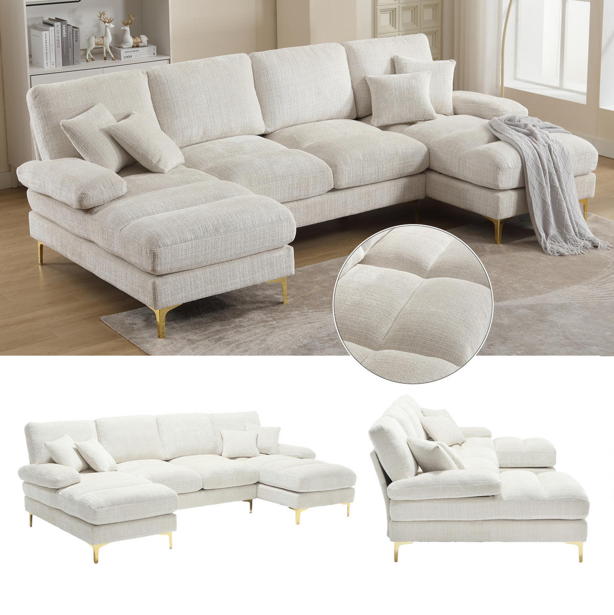 SEDEŽNA garnitura U 272/136/88 cm, chenille, bež - bež, tekstil (136/88/272cm) - Flora Grace