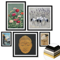 WANDBILDER 5er-Set - 50x50 cm & 20x30 cm & 40x60 cm Schwarzer Rahmen - Abstrakte Berge und Blumen Inspiration - Schwarz, Kunststoff (40/60cm) - ArtPrintCave
