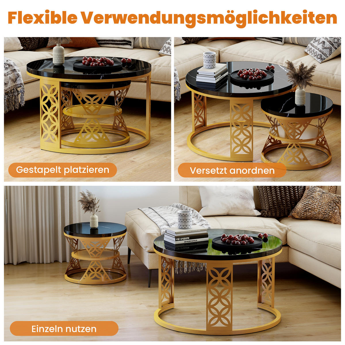 COUCHTISCH-SET mit Marmoreffekt und Metallrahmen Basis, Stapelbarer Beistelltisch Set 70/70/45 cm + 45/45/37 cm, Schwarz und Gold - Schwarz, Holzwerkstoff (70/70/45cm) - Redom