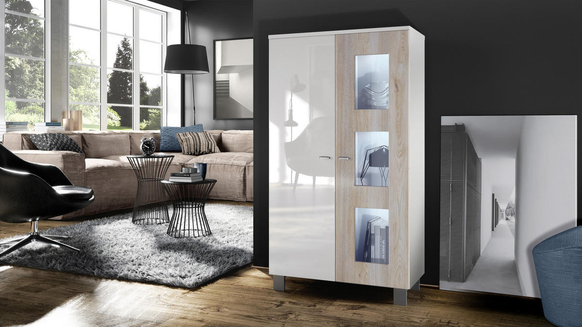 VITRINE Denjo Tür in Eiche Nordic - Silbereichenfarben, Holzwerkstoff (71/129/35cm) - Vladon