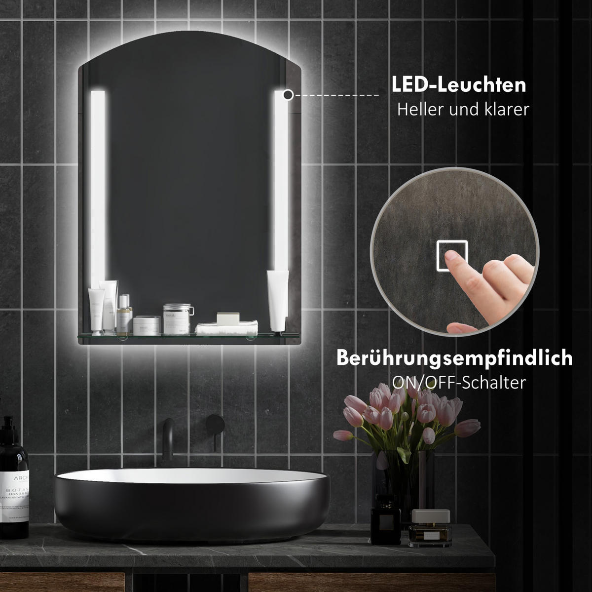 WANDSPIEGEL 50/12/70 cm silber aus Tempered Glass mit LED - Silberfarben, Glas (12/70/50cm) - OKWISH