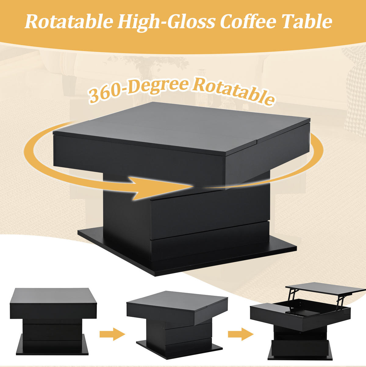 COUCHTISCH, drehbare Liftplatte, Hochglanz Schwarz, 1 Schublade & Stauraum, 70/70/45–59 cm,Schwarz - Schwarz, Holzwerkstoff (70/70/45cm) - Redom