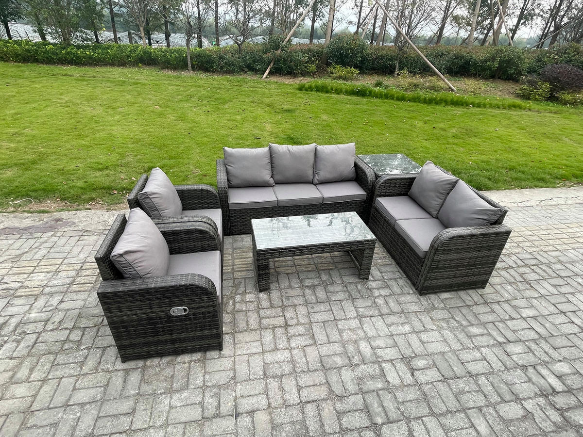 GARTENSOFA SET mit rechteckigem COUCHTISCH Polyrattan 7-Sitzer Dunkelgrau - Dunkelgrau/Grau, Glas/Kunststoff - Fimous