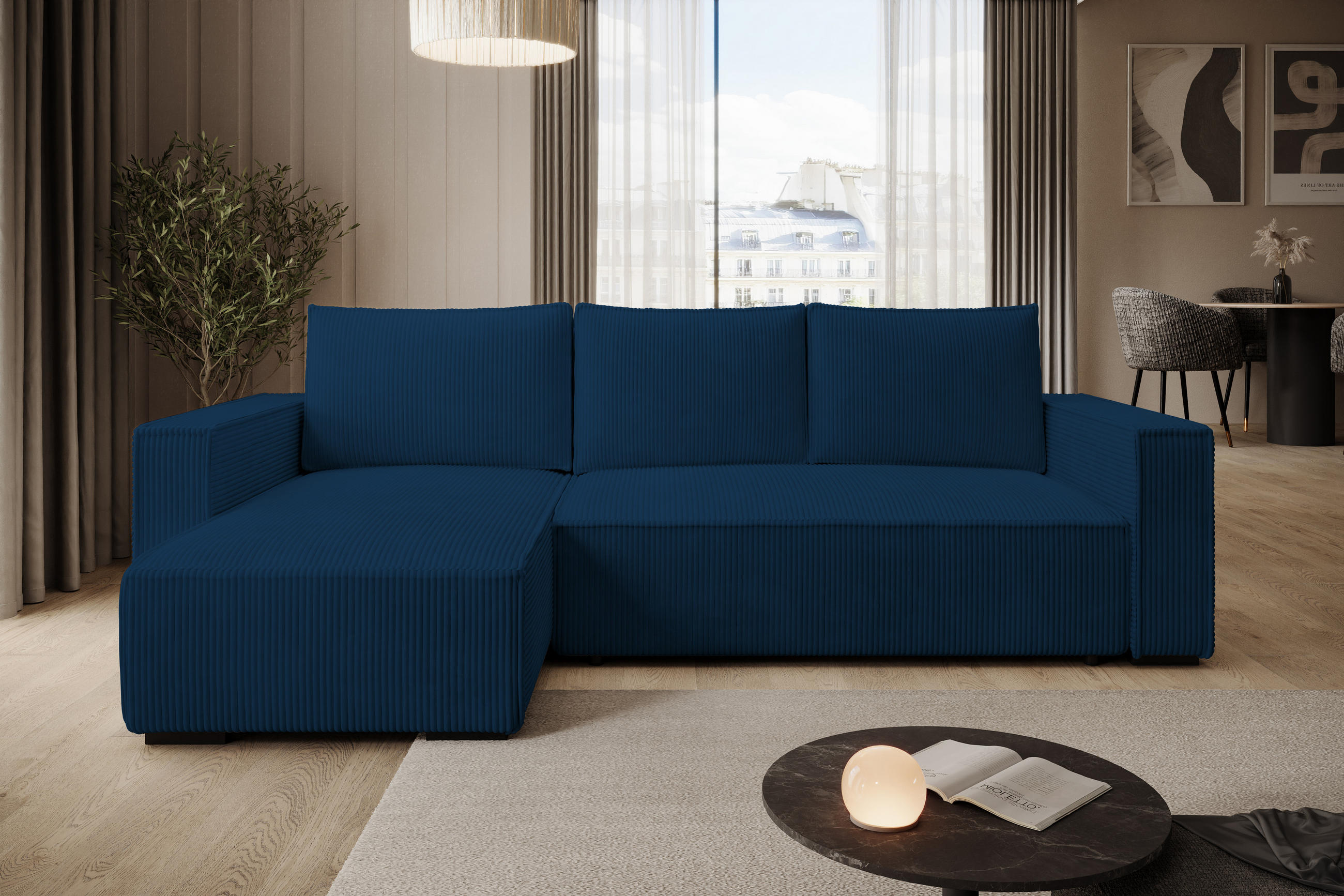 ECKSOFA CUDDY L, Eckcouch in L-Form mit Schlaffunktion und Bettkasten, Farbe: Blau, Cordstoff, Ottomane Links - Blau, Textil (240/140cm) - Storez24