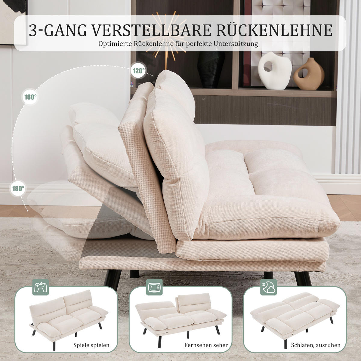 2-SITZER Schlafsofa Chenille mit verstellbarer Rückenlehne Beige 165/90/76 cm - Beige, Textil (90/76/165cm) - Redom