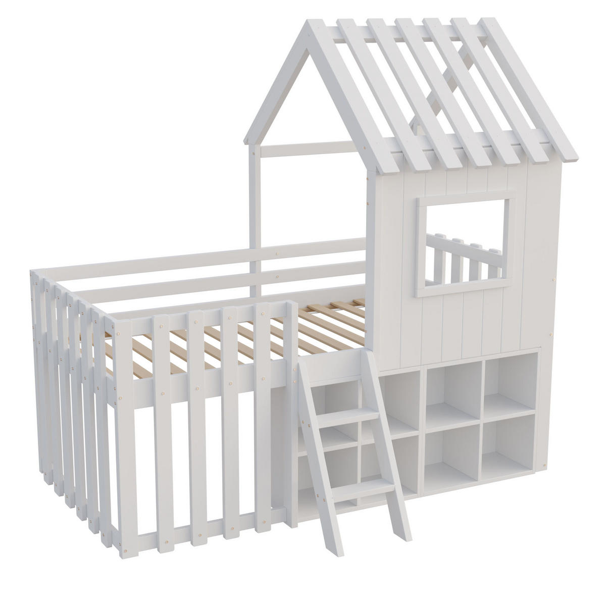 DOMČEKOVÁ posteľ 90/200 cm biela s úložným priestorom a oknami z masívneho dreva - biela, drevo (90/200cm) - OKWISH
