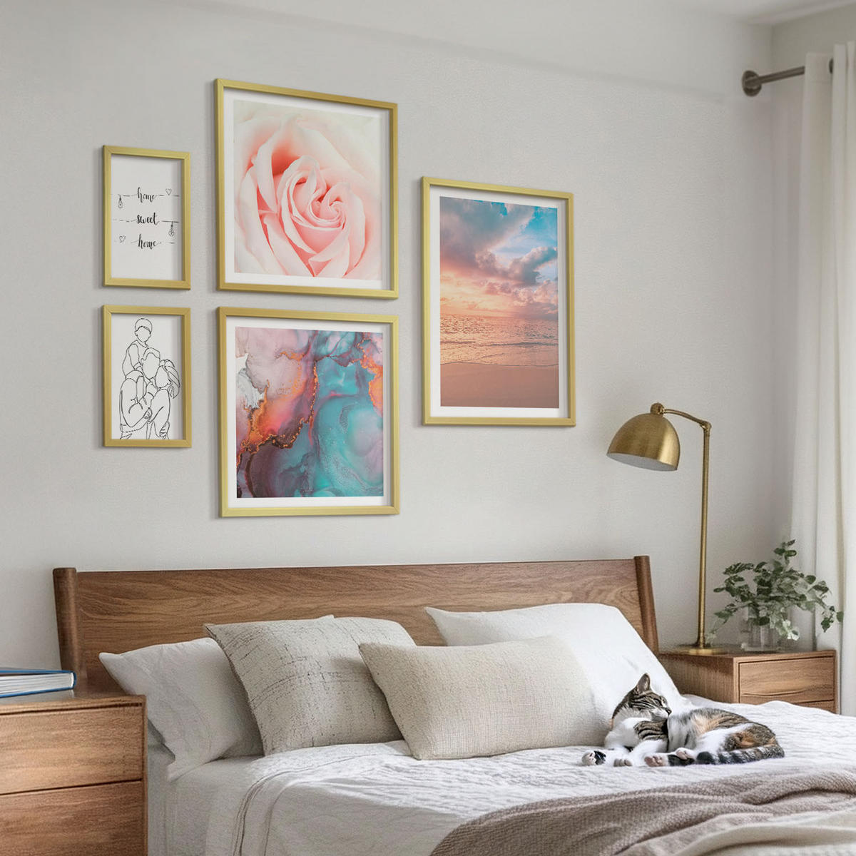 WANDBILDER 5er Set - 50x50 cm & 20x30 cm & 40x60 cm Goldrahmen - Blumenfamilie minimalistisch - Goldfarben, Kunststoff (40/60cm) - ArtPrintCave