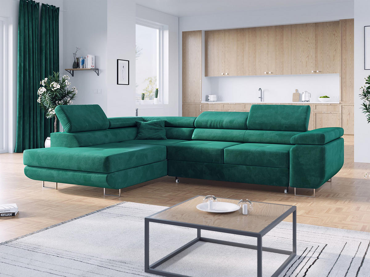 ECKSOFA GUSTAW L Dunkelgrün Velvet Links Seite - Dunkelgrün/Silberfarben, Textil/Metall (205/275cm) - MKS