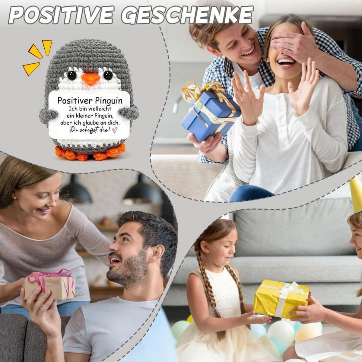 KUSCHELTIER Pinguin gehäkelt Grau mit Karte - Grau, Textil (10.5/10.6cm)
