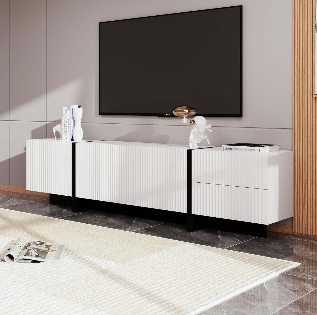 TV-SCHRANK aus MDF und Spanplatte 190x35x45 cm Schwarz/Weiß mit 3 Türen, 2 Schubladen und Dämpfungsscharnieren - Weiß, Holzwerkstoff (190/45/35cm) - Modfu