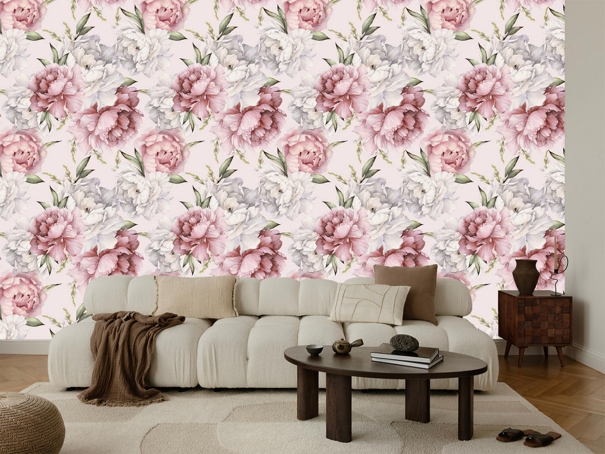 VLIESTAPETE Rosa Pfingstrosen – Rosa, Grün, Creme – 50x1000 cm - Creme/Rosa, Papier (50/1000cm) - Muralo