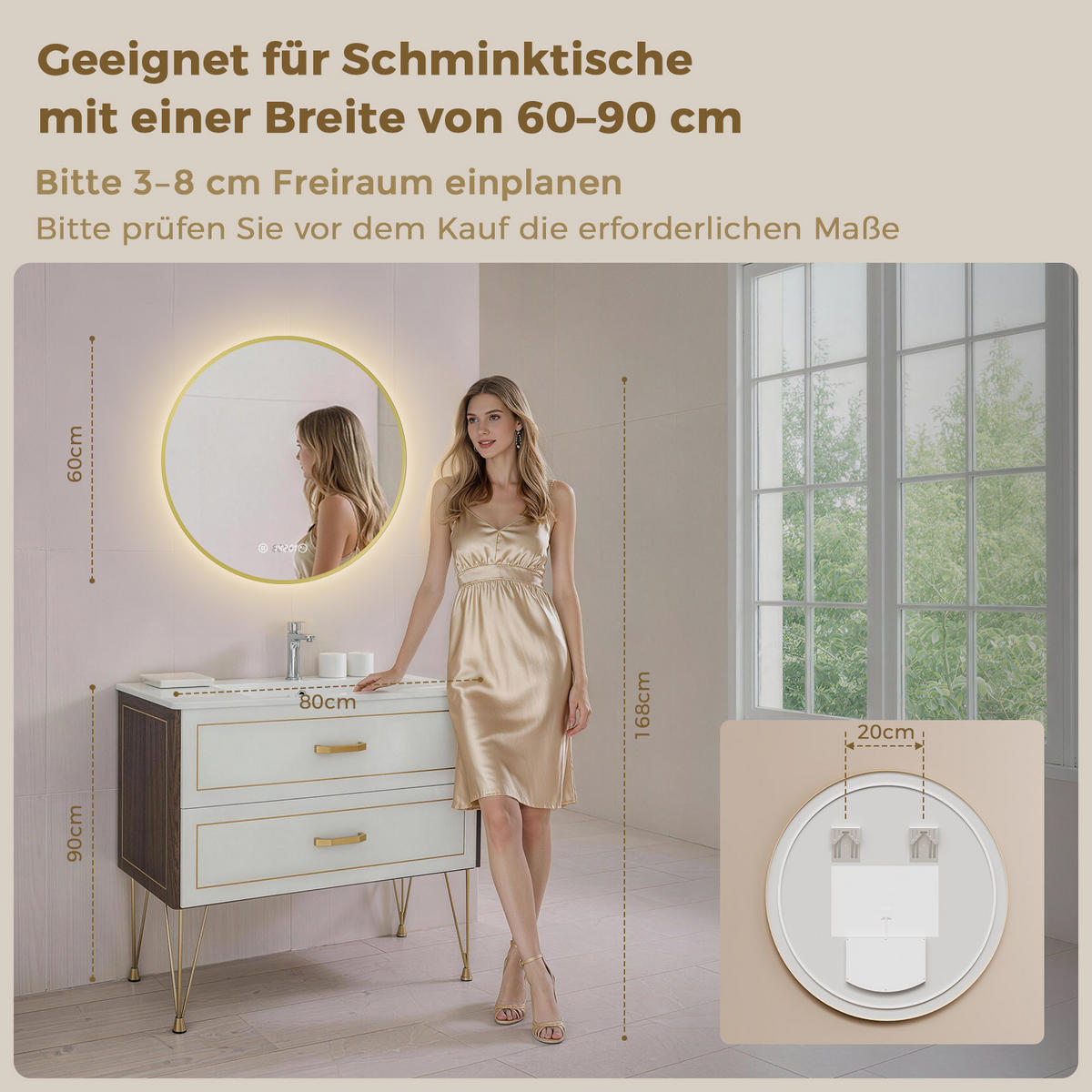 BADSPIEGEL MIT BELEUCHTUNG 60 cm Rund gold mit Aluminiumrahmen und Antibeschlag - Goldfarben, Glas (60/60/3.3cm) - S'AFIELINA