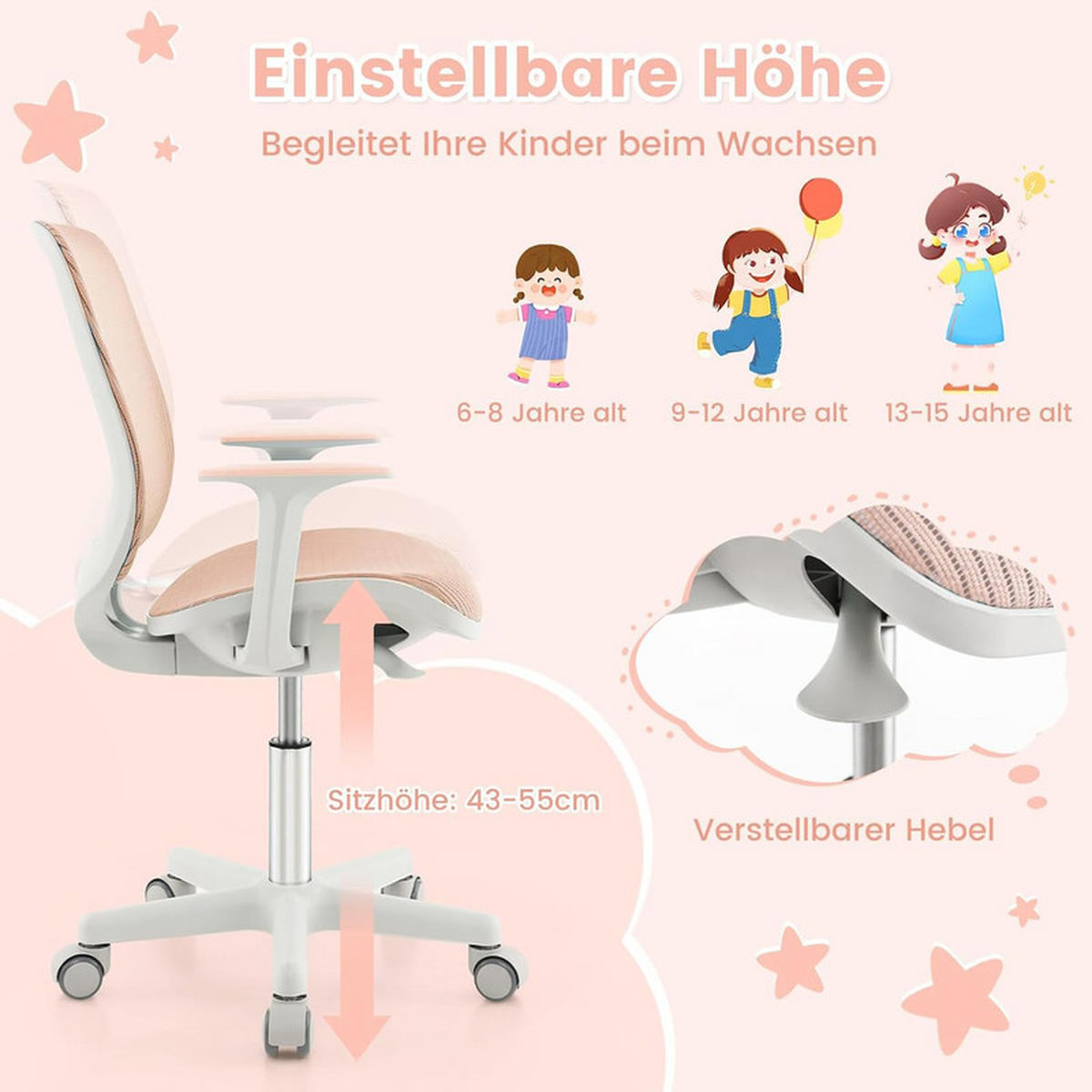 KINDER‑BÜROSTUHL höhenverstellbar rosa - Pink, Kunststoff (57/80/57cm) - COSTWAY