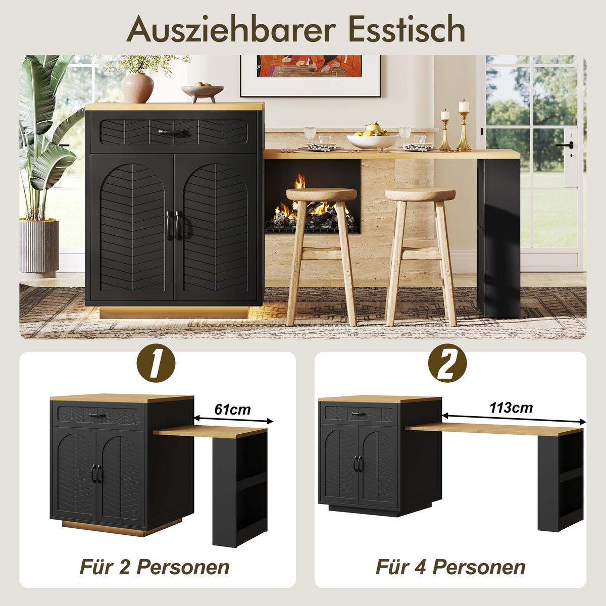 KÜCHENINSEL LED Ausziehtisch 2 Schubladen 4 Türen - Schwarz, Metall (141/95.5/70cm) - FLIEKS