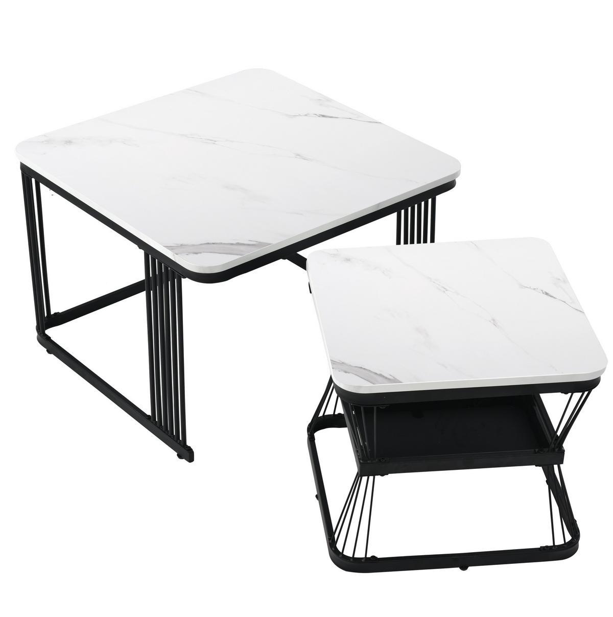COUCHTISCH-SET aus MDF 65x65x45 und 45x45x39,5 cm Weiß mit Marmoroptik, 2-teilig und platzsparend - Weiß, Holzwerkstoff (65/65/45cm) - Modfu