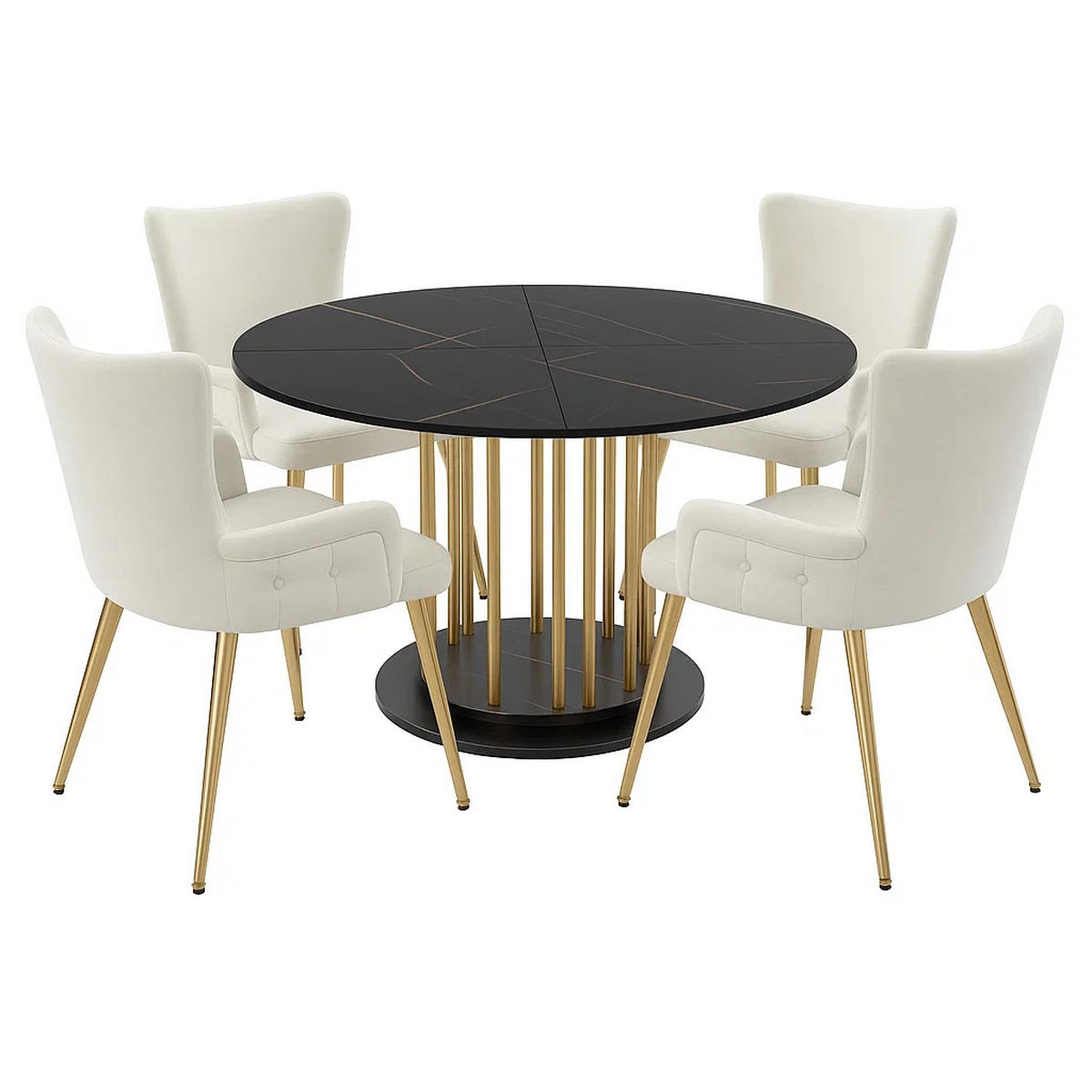 ESSTISCH SET mit 4 Stühlen, Schwarze Marmoroptik und Goldenes Gestell - Beige, Holzwerkstoff/Textil (110/74.6/110cm) - Urban Meuble