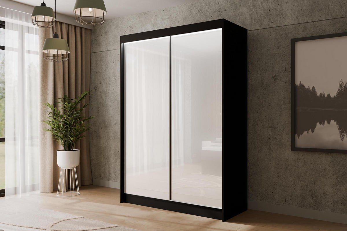 KLEIDERSCHRANK PEKA mit LED - 150 cm - Schwarz|Weiß - Schwarz/Weiß, Holzwerkstoff (150/215/61cm) - ALTDECOR